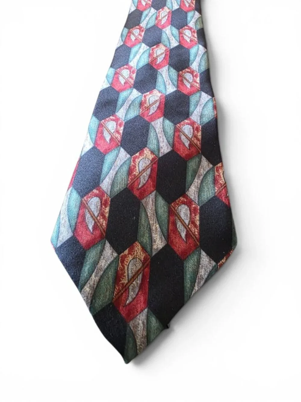 Arrow 100% Silk Tie Geometric Abstract Burgundy Red Black Green Vintage USA